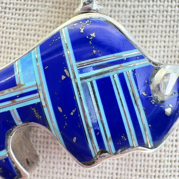 VTG Sterling Silver 925 Reversible Opal & Lapis Inlay Buffalo Pendant 18" Chain - Picture 7 of 16